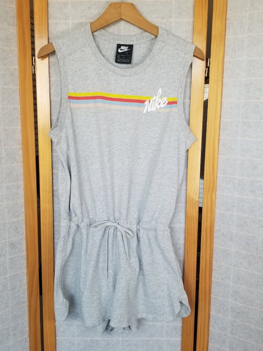 Nike Retro Gym Class Romper Size Medium Gray Spell-Out Logo Shoulder Snaps Short